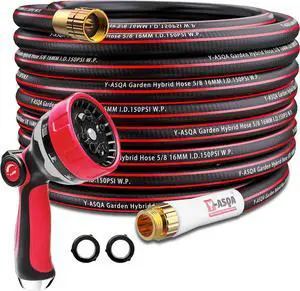 Flexible Garden Hose 50 ft with 10 Spray Patterns Garden Hose Nozzle | Standard Heavy Duty outdoor Water Hose, Lawn and Garden, All Weather, Lightweight, No Leaking Rubber hose