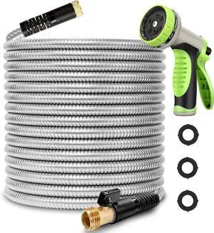 25FT Metal Garden Hose 304 Stainless Steel Flexible Water Hose - No Kink & Tangle Heavy Duty Pipe with Nozzle, Durable 3/4 Brass Fittings and Valve - Rust Proof Puncture Proof for Yard Lawn