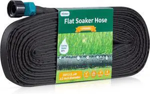 Flat Soaker Hose 50 FT for Garden Beds, 50Ft 1/2" Linkable Consistent Drip Irrigation Hose Save 80% Water, Leakproof Heavy Duty Double Layer Sprinkler Hose