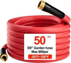 Hot/Cold Heavy Duty Water Garden Hose -50 to 190, Water Garden Hose 50 ft x 5/8'', 600Psi & Lightweight & Flexible Rubber Hose with 3/4'' Brass fittings for Outdoor, Yard, RV