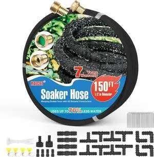 Soaker Hose 150FT Heavy Duty Rubber Saves 75% Water End Cap Included for Additional Hose Connect Great for Gardens/Flower Beds