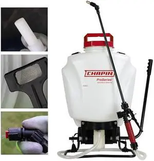 Chapin 61800 4-Gallon Made in USA Professional Backpack Sprayer with Brass Adjustable and Poly Fan/Cone Nozzles, Cushion Grip Shut-Off, 3-Stage Filtration System, Translucent White