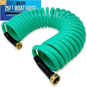 25FT Coiled Boat Hose, Expandable Coil Water Hose, Marine Grade 3/4 Inch Connectors, Perfect for RV Wash, Garden, and Marine Washdown, Self-Recoil Design, 25 Foot Length