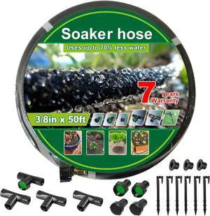 Soaker Hose Kit 3/8 inch x 50ft - Heavy Duty Garden Hose, Irrigation Rubber Weeping Hose with Reinforced Fittings for Raised Garden Flower Bed, Lawn and Plants.