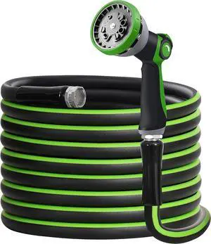 Heavy Duty Garden Hose 5/8" Super Flexible Water Hose with 10 Function Sprayer Nozzle 3/4" Solid Fittings Leakproof Hose 450 Burst PSI Watering Pipe Car Wash (25FT, Black+Green)