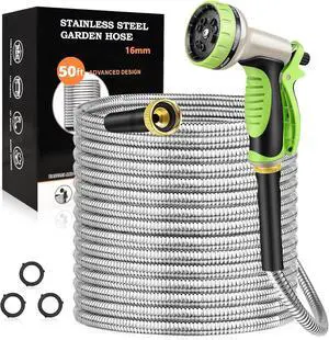 GOXAWEE Garden Hose 50FT, Stainless Steel Heavy Duty Water Hose With 10 Function Nozzle, No-Kink, Tough & Flexible, Sturdy and Lightweight, Rust Proof for Yard, Outdoor, RV