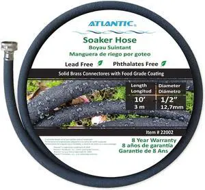 Atlantic Short Soaker Hose 1/2 IN.x10 FT, Solid Brass Connectors with Food Grade Coating, Keep Your Plants Healthy