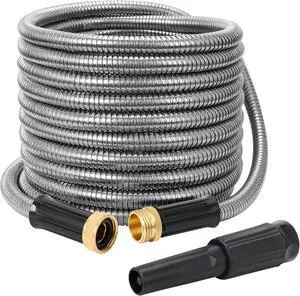 STYDDI Metal Garden Hose, 25 Foot 304-Stainless Steel Garden Hoses with Solid Brass Fitting and Jet Sprayer Nozzle for Outdoor Yard, No Kink and Puncture Proof, Lightweight, Durable, Heavy Duty