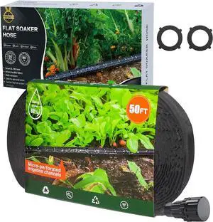 Flat Garden Soaker hose 50ft,Drip irrigation hose for garden beds,water hose with holes for flower beds,Saves 80% water.