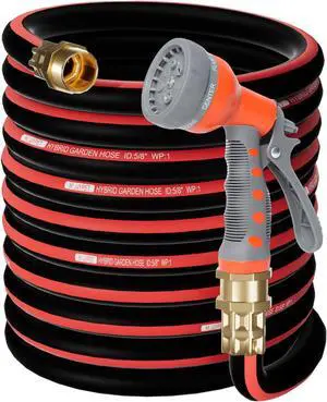 50FT Heavy Duty Flexible Garden Hose,Outdoor Water Hose 5/8Inch with 7 Pattern Spray Nozzle,No Tangle Rubber Hose Car Washing Pipe with 3/4"100% Solid Brass Fittings