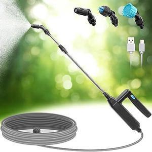 Battery Powered Sprayer Wand, 23.6inch Electric Sprayer Telescopic Watering Wand with 16.4FT Hose, Rechargeable and Portable Spray Wand for Gardening (3 Nozzles)