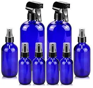 Glass Spray Bottles, 16oz*2+4oz*2+2oz*4 Refillable Containers, Empty Boston Round Bottles with Adjustable Nozzle for Cleaning, Gardening, Aromatherapy, Pets, Plant, Hair - Blue