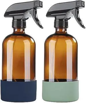 HOMBYS Empty Glass Amber Spray Bottles with Silicone Sleeve Protection - Refillable 16 oz Containers for Cleaning Solutions, Essential Oils, Misting Plants - Quality Sprayer -(2 Pack Amber)