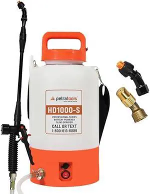 PetraTools Battery Powered Sprayer 1 Gallon - HD1000-S - Heavy Duty Electric Sprayers in Lawn and Garden for Weed/Pest Control, Watering & More - with 2 Nozzles & Strap (1 Gallon)