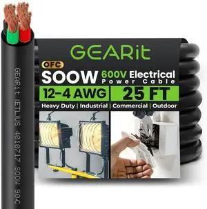 GEARit 12/4 12 AWG Portable Power Cable (25 Feet - 4 Conductor) SOOW 600V 12 Gauge Electric Wire for Motor Leads, Portable Lights, Battery Chargers, Stage Lights and Machinery -25ft Electrical Cord