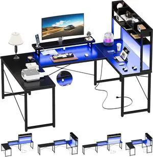 Unikito U Shaped Desk with Hutch, Reversible L Shaped Computer Desk with Power Outlets and LED Strip, Large Office Table with Monitor Stand, Large U Shape Gaming Desk, Black