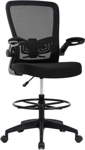 Drafting Chair Tall Office Chair Adjustable Height with Lumbar Support Flip Up Arms Footrest Mid Back Task Mesh Desk Chair Computer Chair Drafting Stool for Standing Desk (Black)