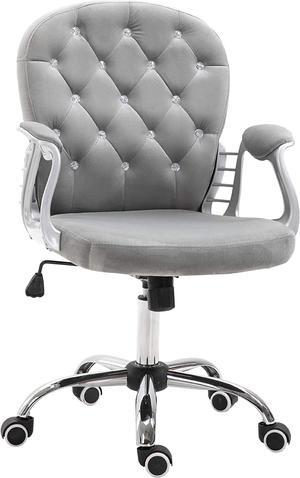 Vinsetto Velvet Vanity Office Chair, Button Tufted Swivel Chair with Adjustable Height, Padded Armrests and Tilt Function, Grey