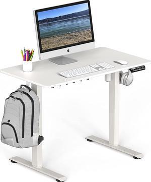 SHW 40 Inch Electric Height Adjustable Sit Stand Desk with Hanging Hooks and Cable Management, 100 x 56 cm, White