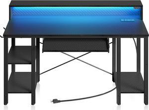 Rolanstar Computer Desk 55 inch with LED Lights & Power Outlets, Carbon Fiber Surface Black Desk with Storage Shelves, Home Office Desk with Keyboard Tray & Monitor Stand, Work Desk for Home Office