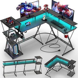 Gaming Desk 58 with LED Strip & Power Outlets, L-Shaped Computer Corner  Desk Carbon Fiber Surface with Monitor Stand, Ergonomic Gamer Table with  Cup