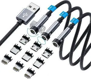ANMONE 540° Rotatable USB Magnetic Charging Cable [Pack of 3, 1m/2m/3m] Fast Charging & Data Transfer Phone Charger Cord
