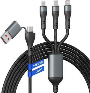 100W USB C to Multi Fast Charging Cable 3M/10Ft [ MFi Certified] USB A/C to 3-in-1 Long Charging Cord with Type C +Micro USB +Lightning Connector Universal Charger for Laptop iPhone i-Pad