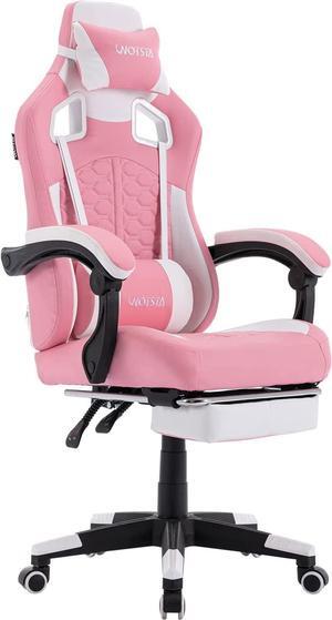 WOTSTA Gaming Chair with Massage,Ergonomic PC Gaming Chair with Footrest Comfortable Headrest and Lumbar Support,High Back Game Chair PVC Leather,300LBS (Pink), Welcome to consult