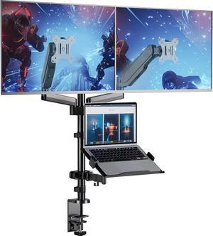 WALI Monitor and Laptop Mount, Gas Spring Dual Monitor Stand with Laptop Tray for Two Flat Curved Screens up to 32 and One Laptop Notebook up to 17, Laptop Monitor Desk Mount (GSDM003LP), Black