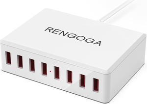 USB Charging Station, RENGOGA 50W/10A USB Charger 8-Ports USB Charging Hub, Multi USB Charger Block for Multilple Devices, iPhone 15 14 13 Pro Max,iPad Air, Samsung Galaxy S21 S20, Tablet-White