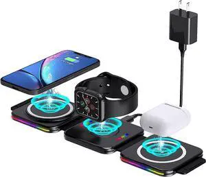 Fast Wireless Charger 3 in 1, ALUXKEE Magnetic Foldable Wireless Charging Station for iPhone 15/14/13/12 Pro Max/X/Xs Max/8,AirPods iWatch Series 7/6/5/SE/4/3/2 (with QC3.0 Adapter)