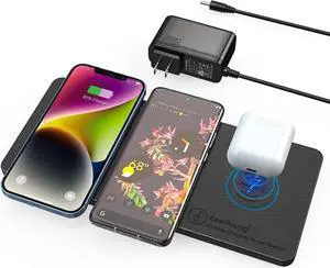 Wireless Charging Pad Ultra-Slim Triple Wireless Charger Station for Multiple 3 Devices & New Airpods Ultra Slim PU Leather Wireless Charging Mat W/AC Adapter for Smartphone Phone (Black)