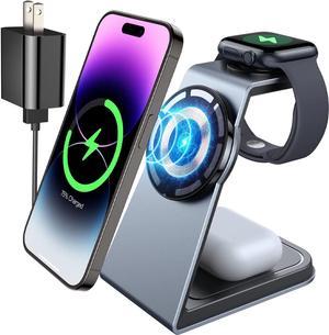 NiSHEN Magnetic Charging Station for Multiple Devices Aluminum 15W Fast 3 in 1 Wireless Charger Stand Dock for Apple Watch SE87654 iPhone 141312ProMaxPlusmini  AirPods 32Pro Grey 2