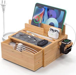Pezin & Hulin Bamboo Charging Station for Multi Device, With Power Charger & Cables, Nightstand Docking Station with Lined Tray & Drawer, Compatible with Tablet, Cell Phones