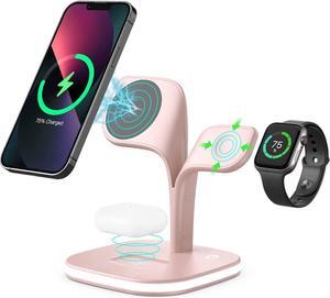 EXW Magnetic Charging Station, 5 in 1 Faster Mag-Safe Wireless Charger Stand for iPhone 15 14,13,12 Pro/Max/Mini, Apple Watch 9/8/7/6/SE/5/4/3/2 and Airpods 3/2/Pro/Pro 2 with LED and Adapter (Pink)