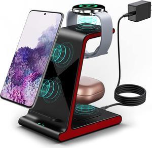 Wireless Charging Station 3 in 1 Wireless Watch Charger for Samsung Galaxy Watch 5 Pro 4 Gear S3 Galaxy Buds 2 Pro Phone Charger Stand Compatible with Samsung Z Fold 4S22S21S20Z Fold 3 Red