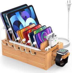 Bamboo Charging Station for Multiple Devices with 5 Port USB Charger, 5 Charger Cables and Watch Stand. Wood Desktop Docking Stations Organizer for Cell Phone, Tablet, Watch, Office Accessories