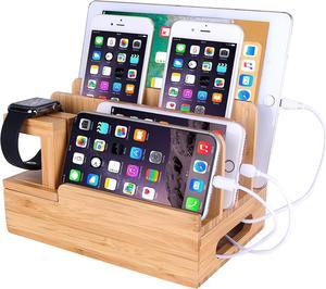 Bamboo Wood Desktop Organizer Charging Docking Station Charger Holder Cradle Stand compatible with iPhone 11 Pro Max XS XR X iPad Air Pro Mini Apple Watch 2 3 4  iWatch 38  42mm Samsung Smartphones