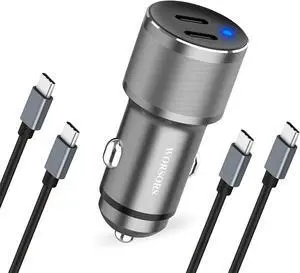 Dual USB C Car Charger 60W PD (30W + 30W) Super Fast Charging Adapter Metal for iPhone 16/15 Pro Max  Galaxy S25 Ultra/S25 Plus/S25/S24/S23 Note 20/10 iPad Pro + 2X Type C to C Cable 3.3Ft