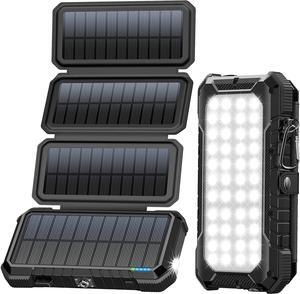 Solar Charger Power Bank, PD 18W Fast Charging 20000mAh Battery Pack with 4 Foldable Panels, Portable Solar Powered USB C Charger with Camping Flashlight Compass Carabiner for Cell Phone