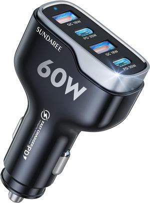 SUNDAREE Super Fast Car Charger, 60W USB Car Charger Multiport, USB C Cigarette Charger Compatible with iPhone 16 Pro Max Plus/15/14/13/12/iPad Air/Mini 3 Samsung S24/23 Note 20/S10/S9