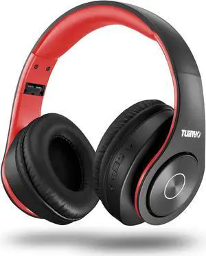 TUINYO Bluetooth Headphones, Over Ear Stereo Wireless Headset 40H Playtime with Deep Bass,Soft Memory-Protein Earmuffs,Built-in Mic Wired Mode PC/Cell Phones-Black red