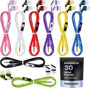 30× Multipack Wired Earbuds with Microphone | for Schools, Libraries, Museums, etc. | 8 Assorted Colors of Headphones with Microphone | Affordable 3.5 mm Headphones for Kids & Adults