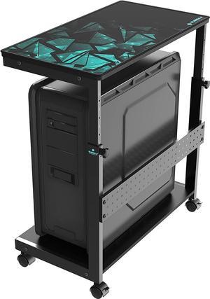 Height Adjustable Computer Tower Stand, 2-Tier ATX-Case CPU Holder Cart Under Desk Mobile PC Standing Table Home Office Gaming Accessories w/Rolling Wheels & Mouse Pad, Black