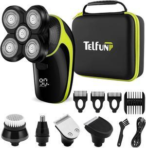 Telfun Electric Head Hair Shaver w/Travel Case, Ultimate Mens Cordless Rechargeable Wet/Dry Skull & Bald Head Waterproof Razor with Rotary Blades, Clippers, Beard & Nose Trimmer, Brush