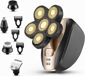 Head Shavers for Men Upgraded 5 in 1 Multifunctional Bald Head Shaver Grooming Kit Cordless Electric Razor for Men Rotary Mens Head Razor Rechargeable Razors for Bald Man Waterproof (Gold)