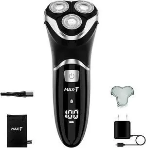Electric Shaver for Men, MAX-T Quick Rechargeable Electric Razor Wet Dry Rotary Shaver with Pop Up Trimmer and LED Display, IPX7 100% Waterproof 8101 with Adapter Charger