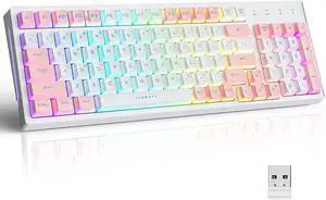 GK98 Wireless Gaming Keyboard,2.4G Rechargeable RGB White Gaming Keyboard,RGB Backlit Ergonomic 98 keys Mechanical Feeling Dual Color Keyboard for Office Windows Mac PC Xbox PS4 Gamer(WhitePink) GK98 Wireless Gaming Keyboard,2.4G Rechargeable RGB White Gaming Keyboard,RGB Backlit Ergonomic 98 keys Mechanical Feeling Dual Color Keyboard for Office Windows Mac PC Xbox PS4 Gamer(WhitePink)