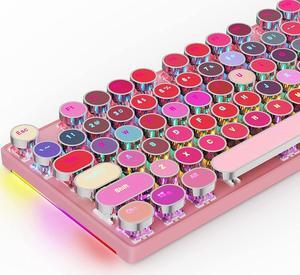 HUO JI Mechanical Gaming Keyboard Typewriter Style with RGB Side Lit and Rainbow Backlit, Retro Style, Blue Switches - Clicky, Metal Panel, Lipstick 104 Keys USB Wired for Mac, PC, Cute Pink