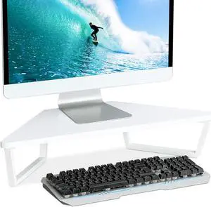 TEAMIX 26 inch White Triangle Monitor Stand Riser, Desktop Corner Shelf with Metal Leg Wood Computer Stand with Storage Laptop Riser Office Organization